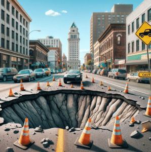 Artists picture of comically large spokane pothole